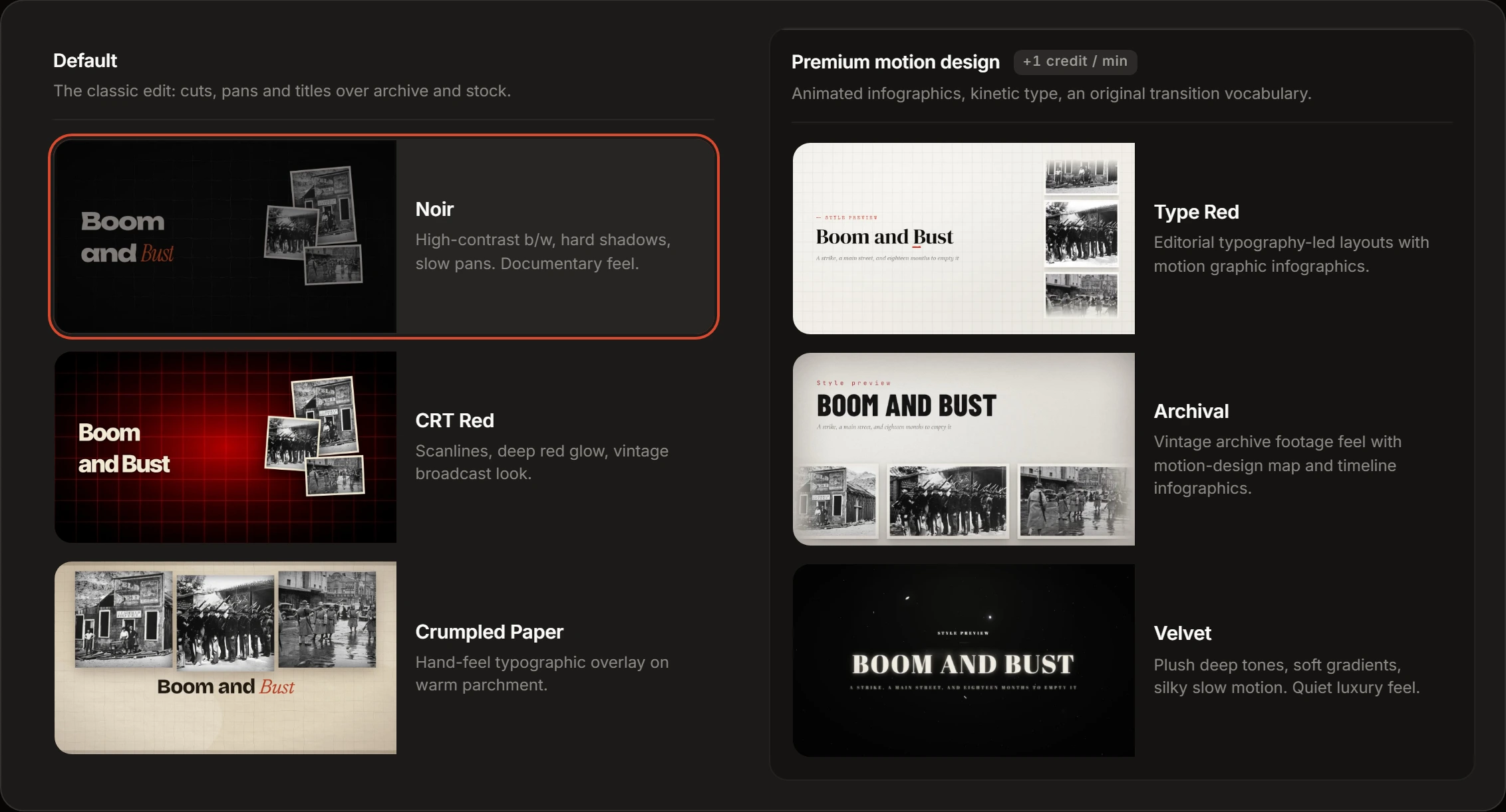 The style pack picker: two columns of three cards. Default on the left, headed The classic edit, with Noir, CRT Red and Crumpled Paper. Premium motion design on the right, its heading carrying a plus one credit a minute badge, with Type Red, Archival and Velvet. Each card is a 16:9 still of that pack drawing a sample frame, with the pack's name and one line beside it. Noir is outlined as the one in force.