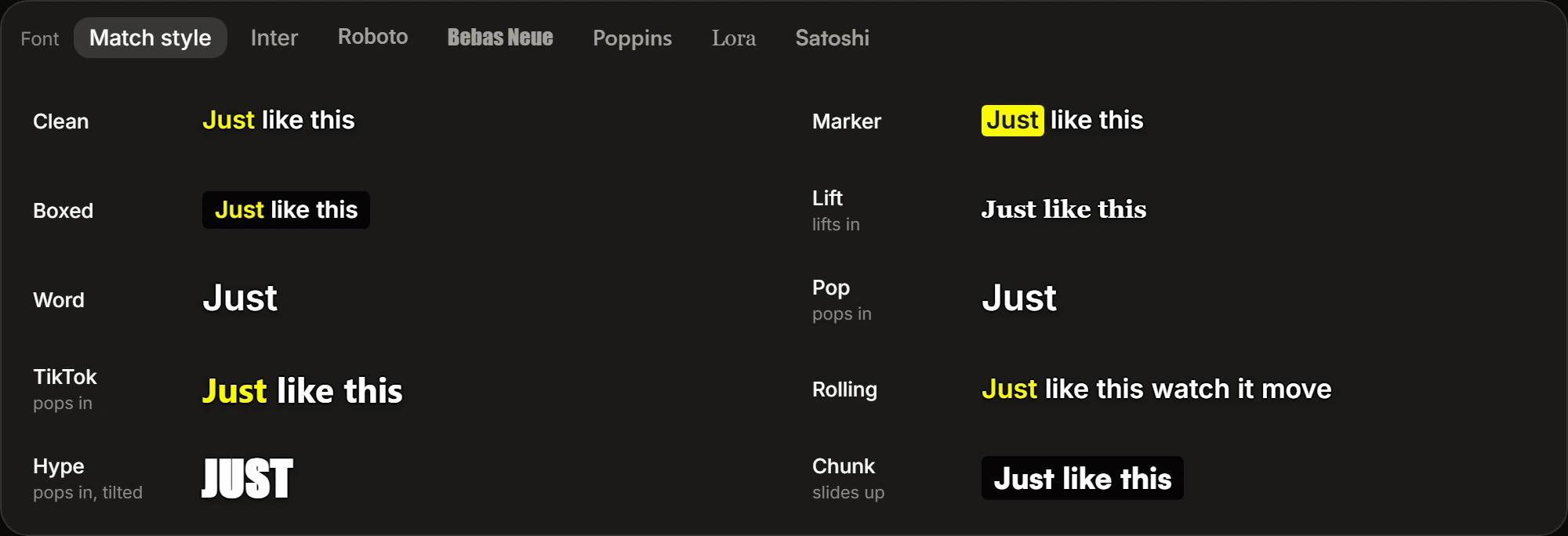 The subtitle panel: a row of font chips led by the word Font, each chip written in the font it names and Match style outlined at the start, and under it the ten looks in two columns of five — each row its name, the motion it uses under the name, and a running sample of itself beside them.
