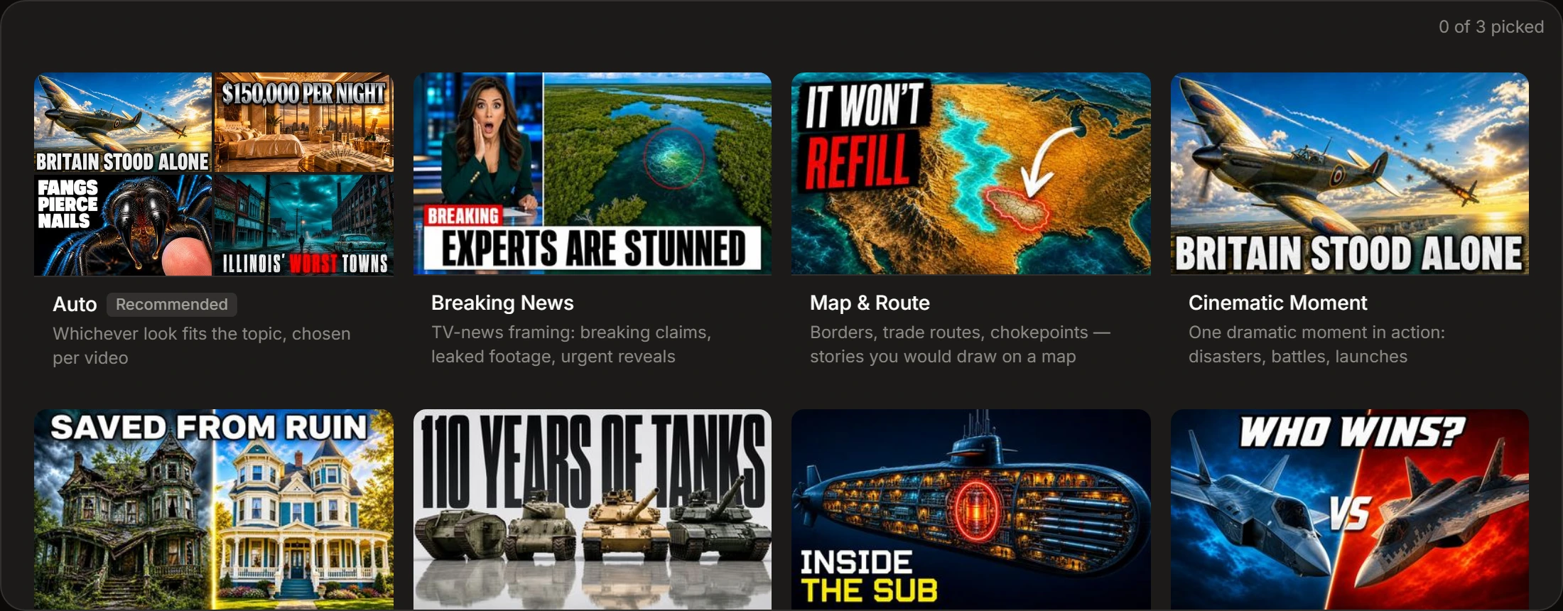 The thumbnail panel with nothing yet chosen, counting 0 of 3 picked in the corner: a grid of cards, each a sample cover above the look's name and a line saying what it is for. Auto is the first card, tagged Recommended, showing four samples at once over the line 'Whichever look fits the topic, chosen per video'.
