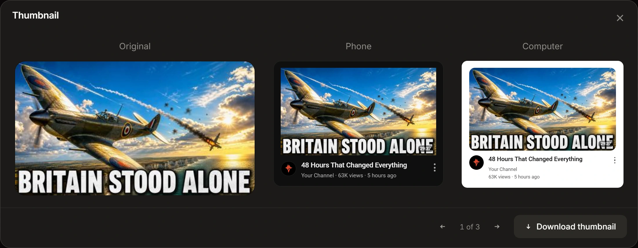 One cover shown three ways: Original on its own, then the same image inside a dark phone card and a light desktop card, each with the video's title, a channel line, and YouTube's duration badge in the bottom-right corner. In both cards the badge is sitting on top of the cover's own lettering.